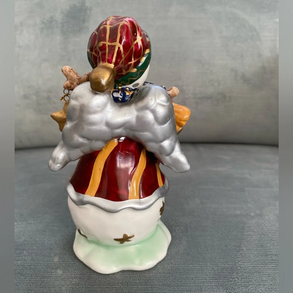 Cheerful Ceramic Snowman Figurine with Gold and Red Accents, Dangling Stars - Picture 4 of 9